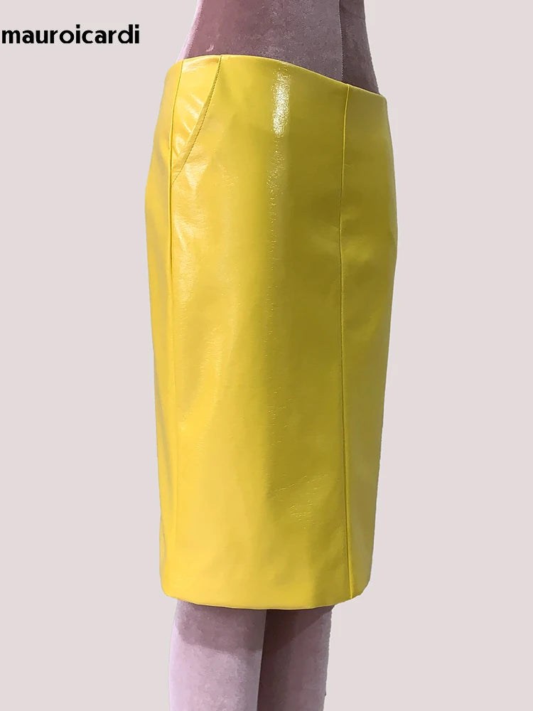 Mauroic  Shiny Reflective Bright Yellow Faux Leather Pencil Skirt