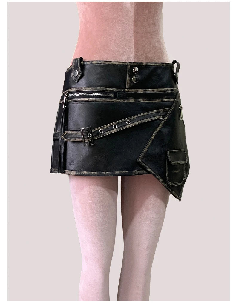 Mauroicardi Distressed Black Pu Leather Mini Asymmetrical Skirt