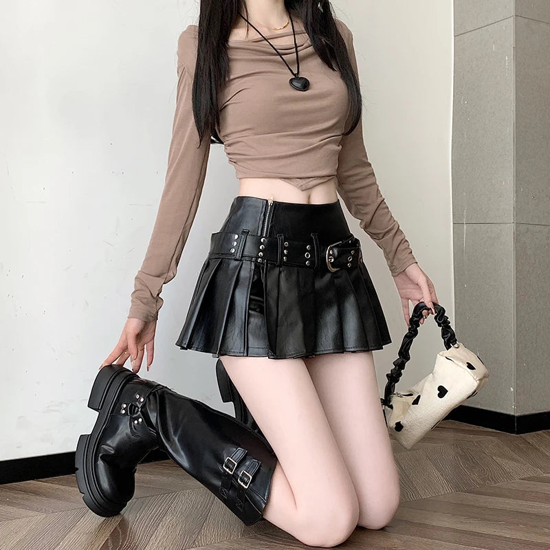 Black A-line Pleated Leather Skirt