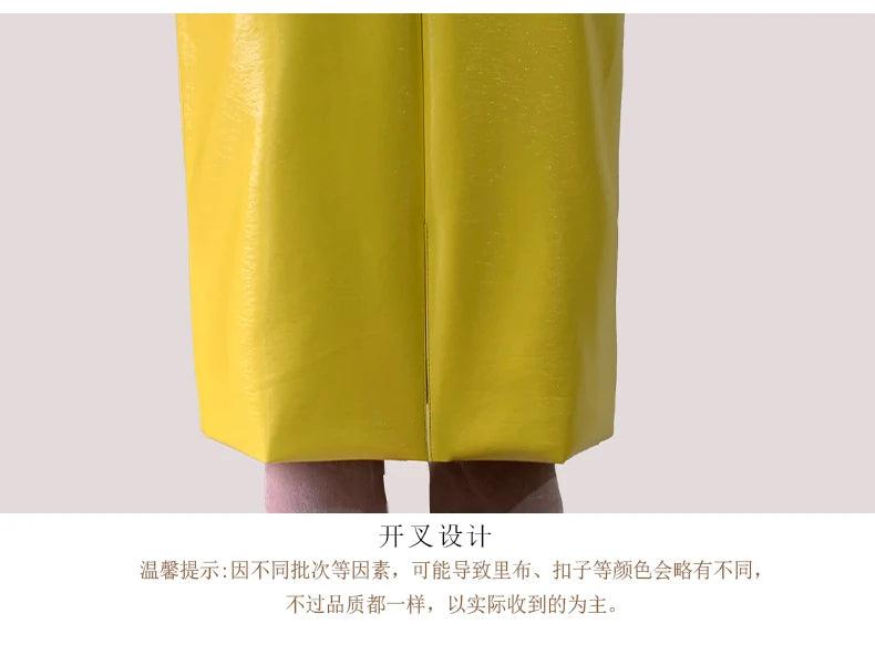 Mauroic  Shiny Reflective Bright Yellow Faux Leather Pencil Skirt