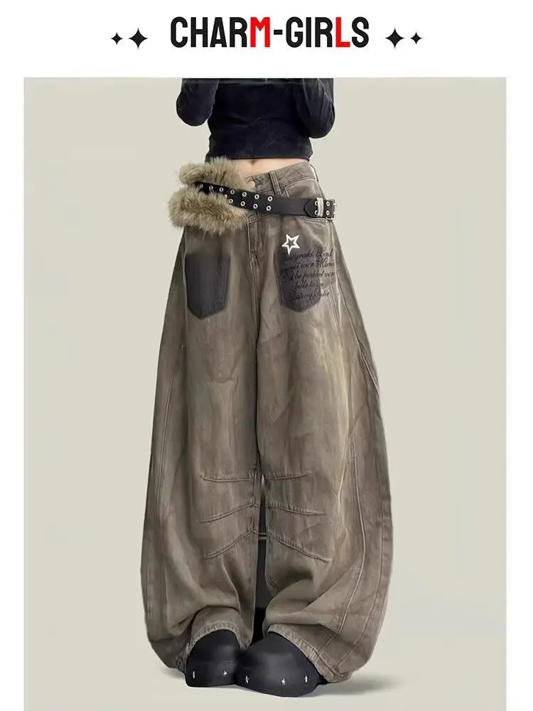 Versatile Silhouette Gothic Style Wide leg Jeans