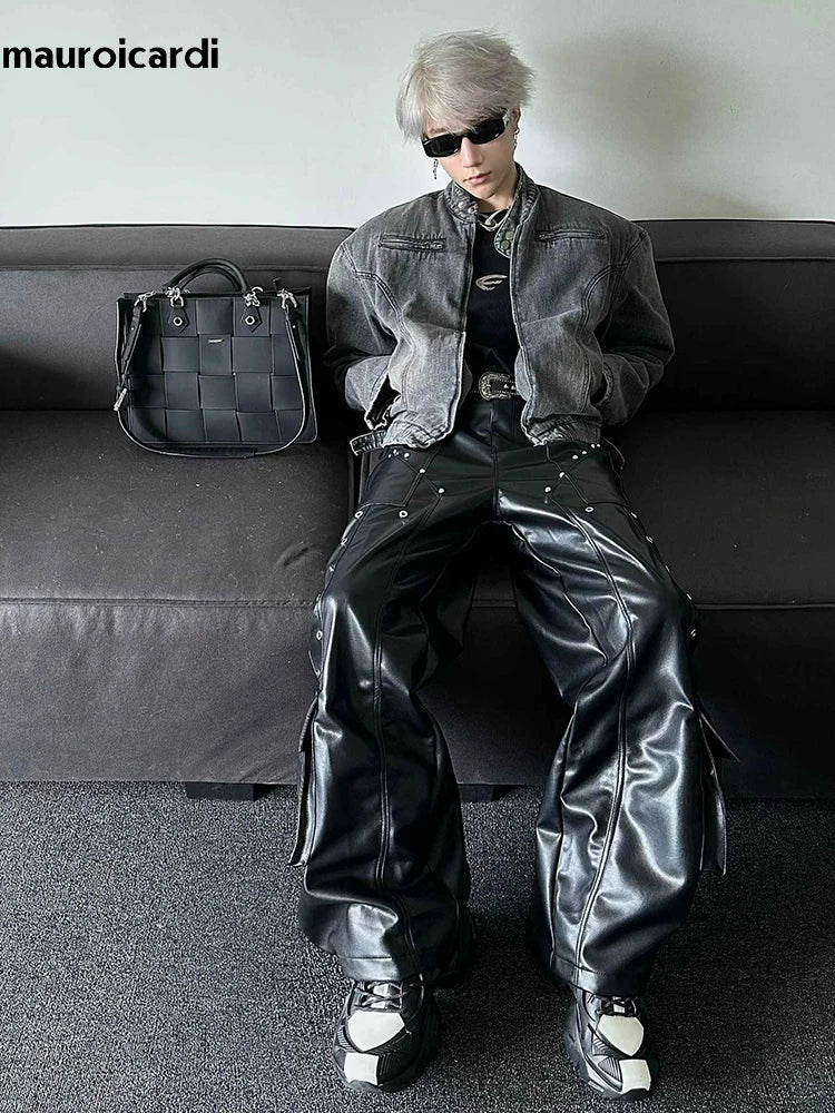 Mauroicardi Casual Black Shiny Pu Leather Pants