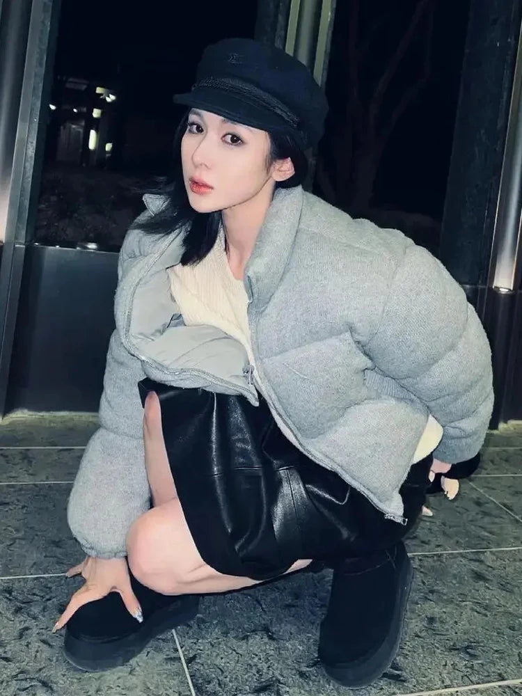Korean Style Gray Cotton Puffer Coat