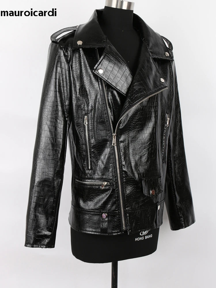 Mauroicardi Spring Red Crocodile Faux Leather Biker Jacket