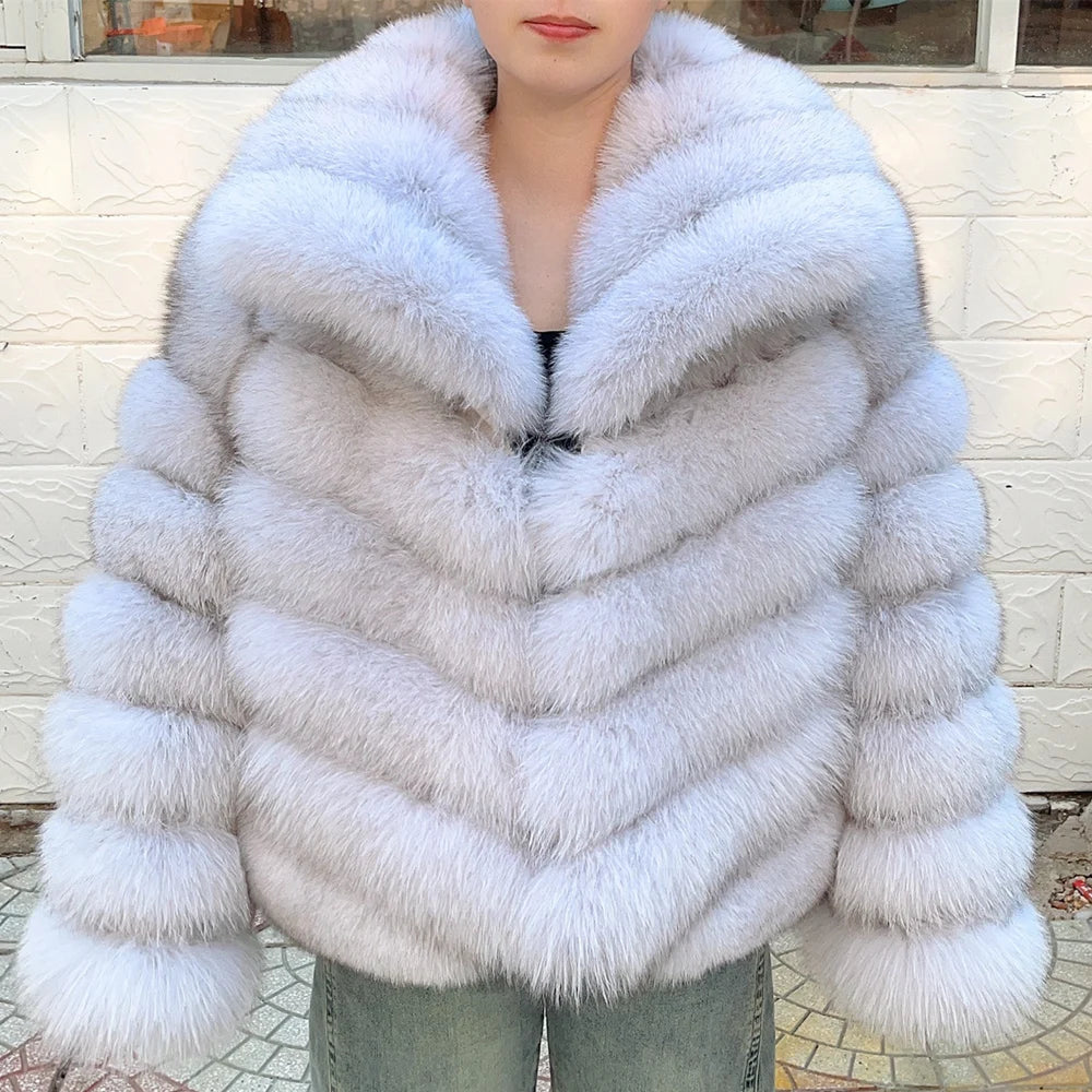 QUEENTINA Real Fox Fur Coat With Collar Overcoat