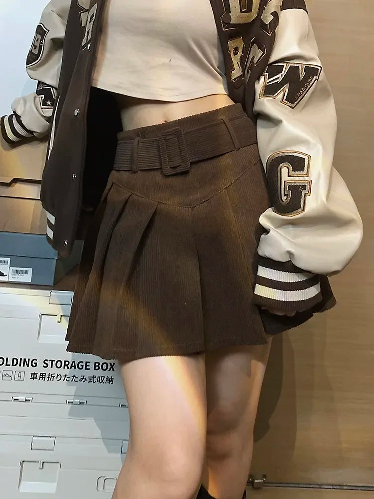 Cord Belted Pleated Skirt