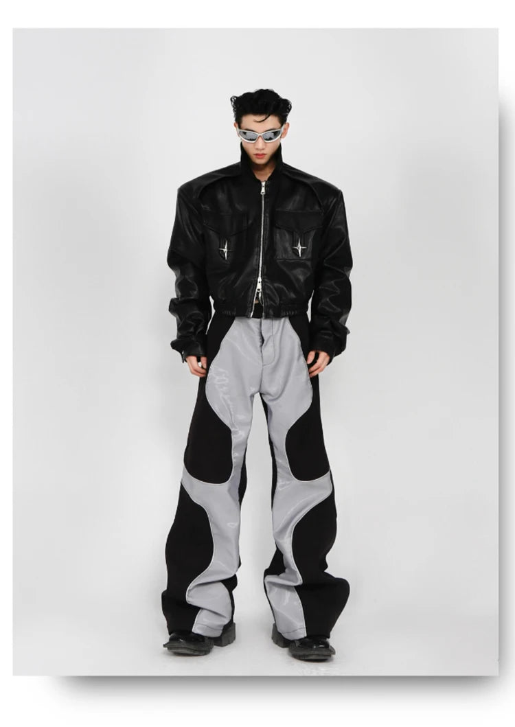 Mauroicardi Long Loose Casual Patchwork Pu Leather Pants