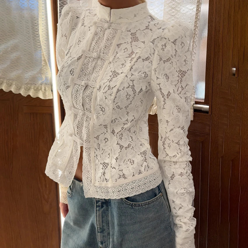Linad Elegant Lace Embroidery Puff Sleeve White Shirt