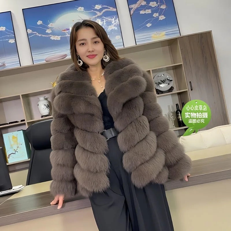 QUEENTINA Real Fox Fur Coat With Collar Overcoat