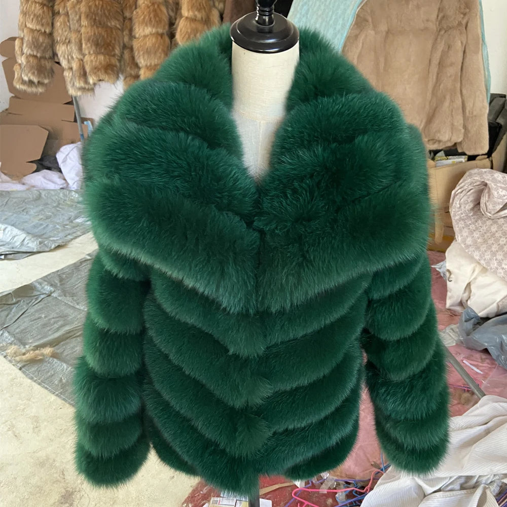QUEENTINA Real Fox Fur Coat With Collar Overcoat