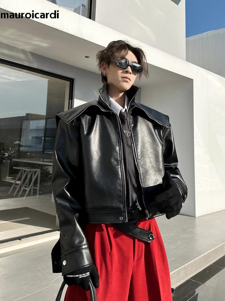 Mauroicardi Spring Autumn  Faux Leather Jacket