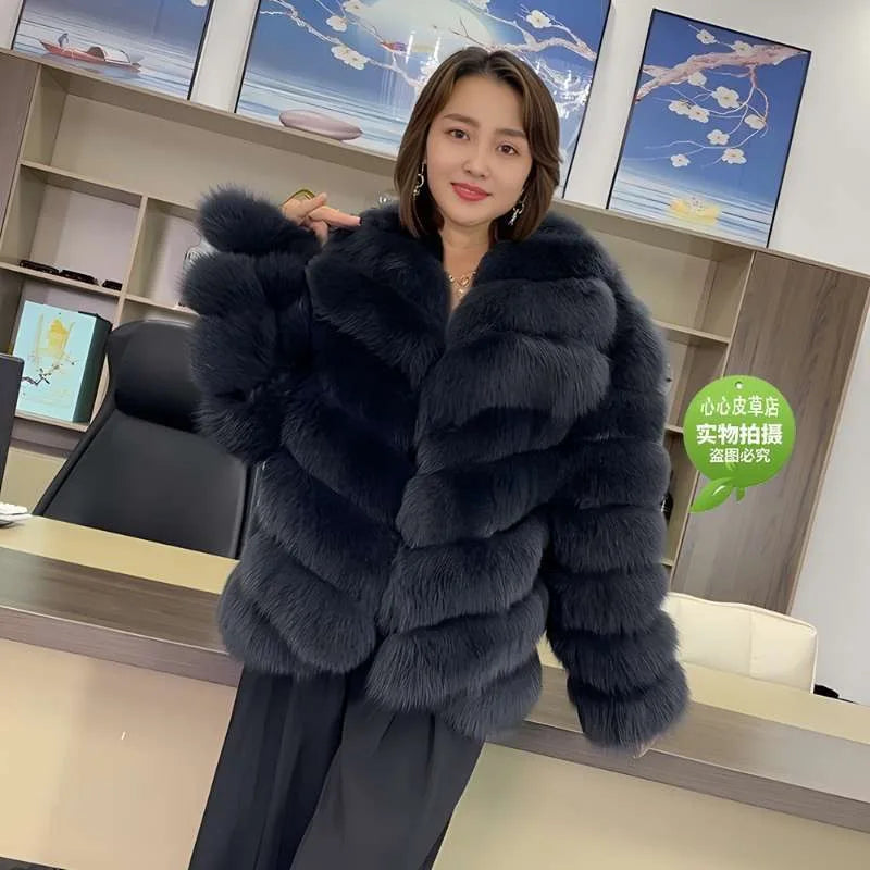 QUEENTINA Real Fox Fur Coat With Collar Overcoat