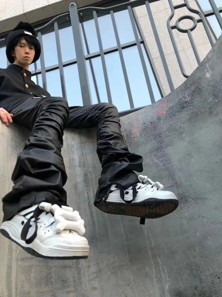 Mauroicardi Long Fitted Skinny Matte Black Pu Leather Ruched Stacked Pants