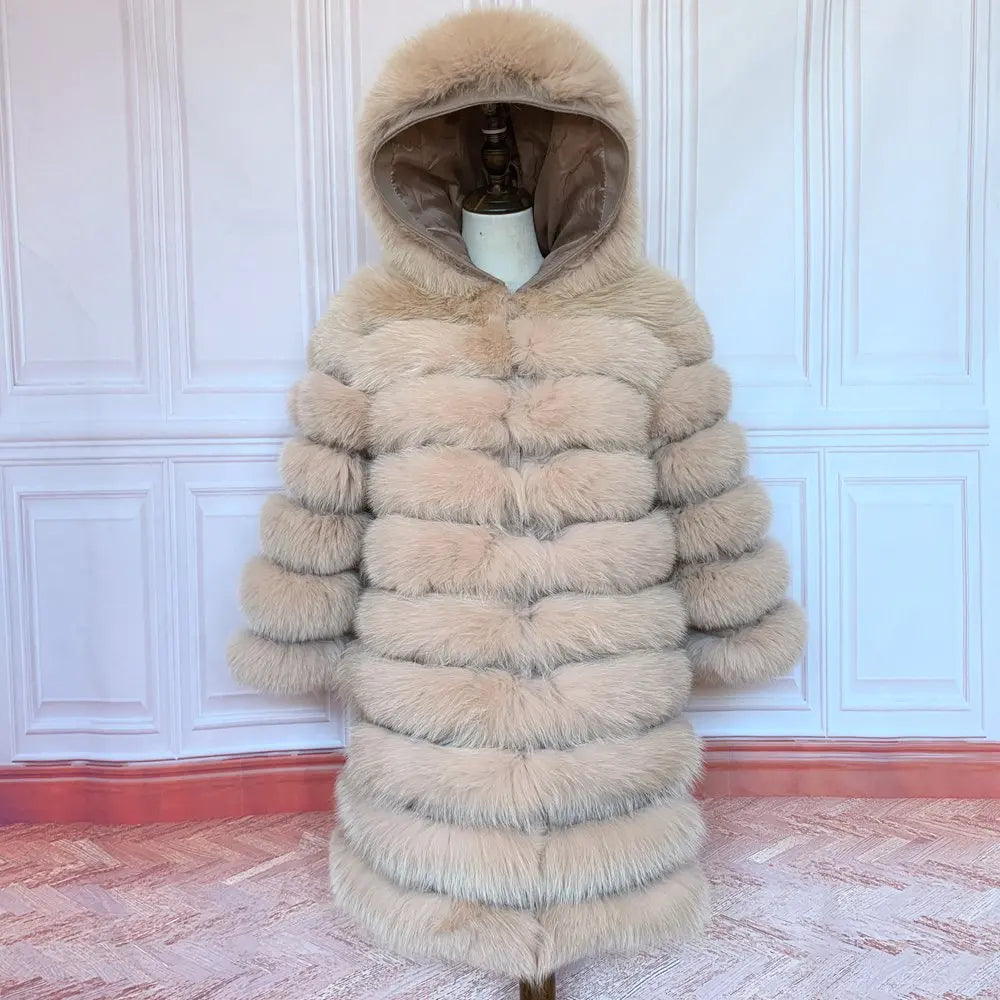 QUEENTINA Hood Fur Coat Thigh Length