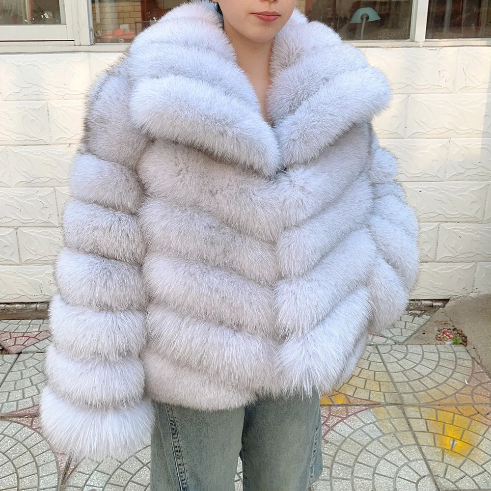 QUEENTINA Real Fox Fur Coat With Collar Overcoat
