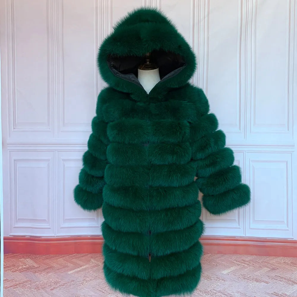 QUEENTINA Hood Fur Coat Thigh Length