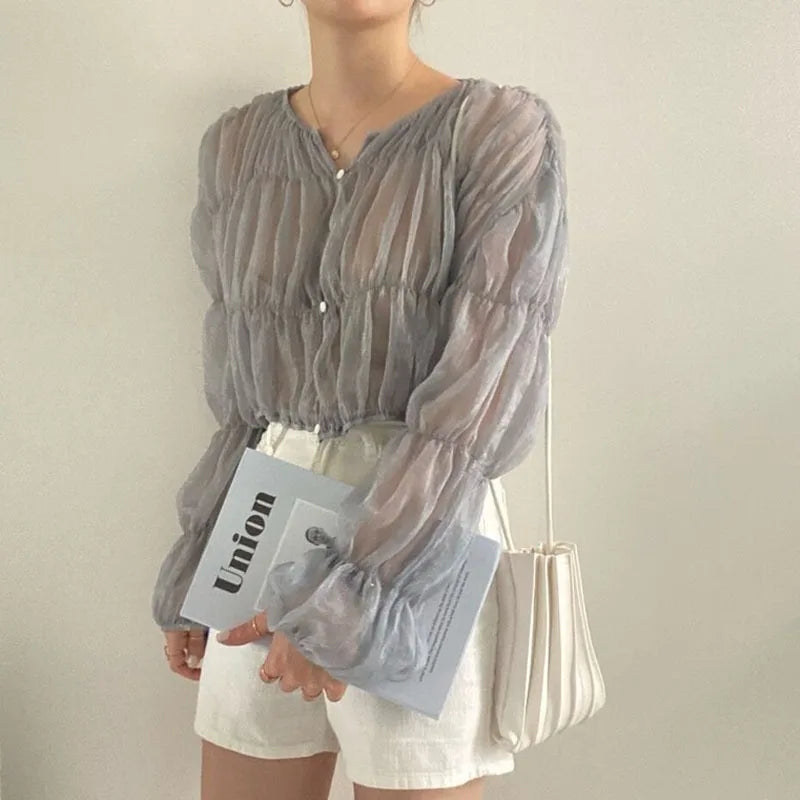 Pleated Chiffon V-neck Blouse