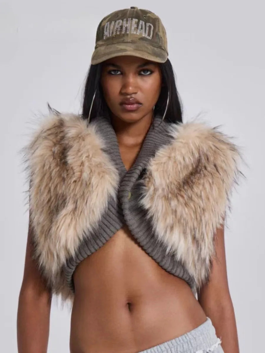 TWOTWINSTYLE V Neck Sleeveless Patchwork Fur Top