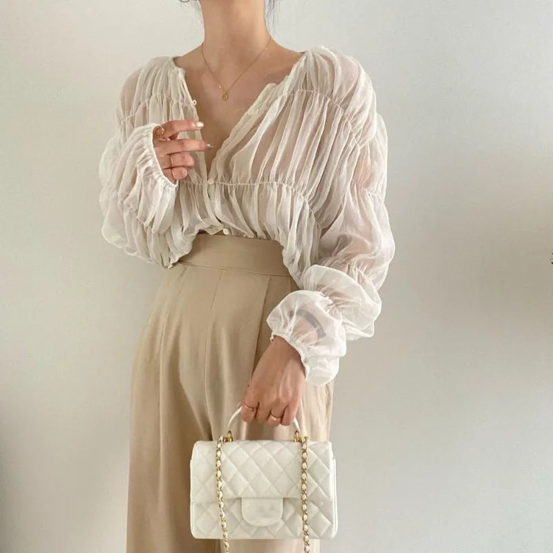 Pleated Chiffon V-neck Blouse