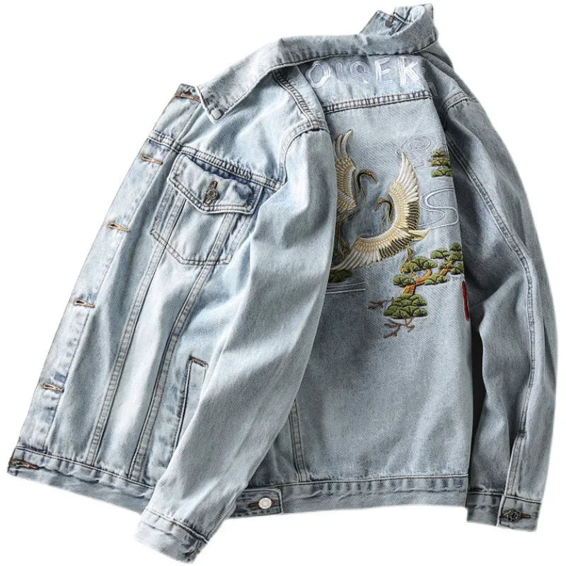 Embroidered Turn Collar Denim Jacket