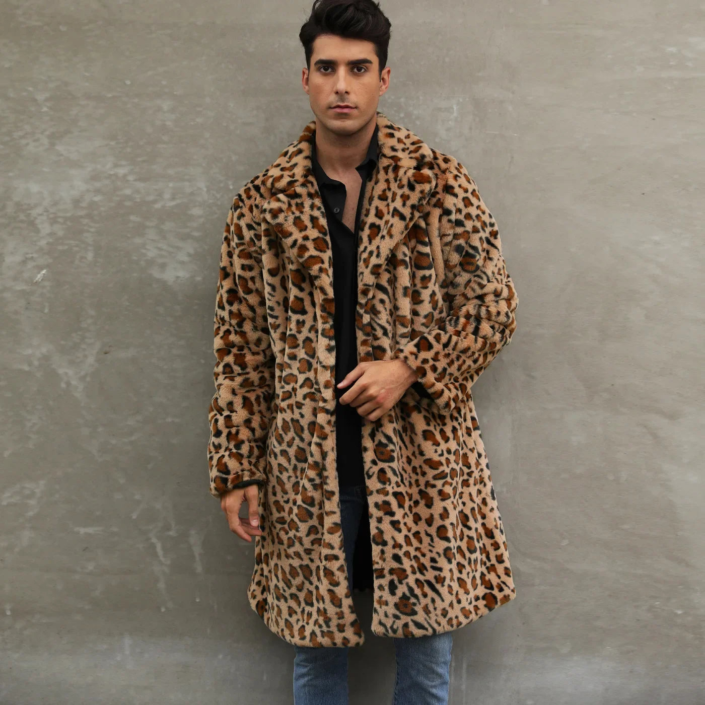 Men Faux Fur Thick Leopard Coat