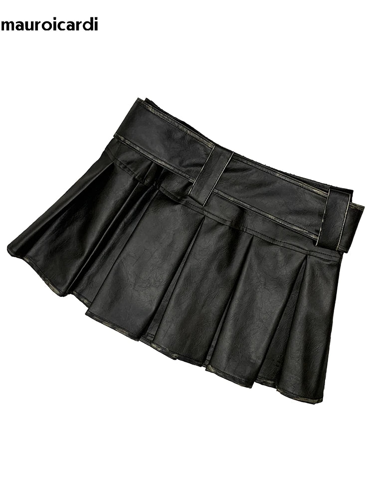 Lautaro  Distressed Brown Pu Leather Mini Pleated Skirt