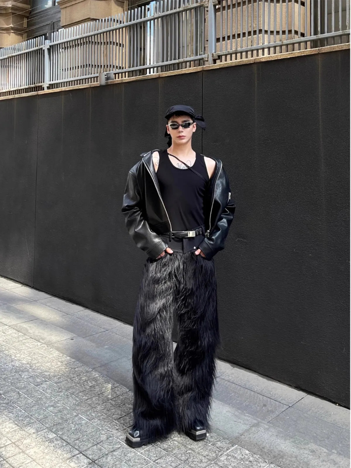 Mauroicardi Long Black  Shaggy Faux Fur Wide Leg Pants