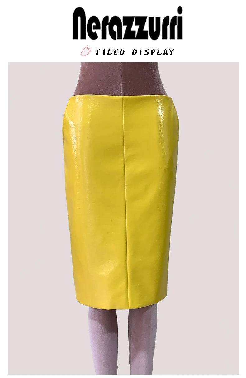 Mauroic  Shiny Reflective Bright Yellow Faux Leather Pencil Skirt