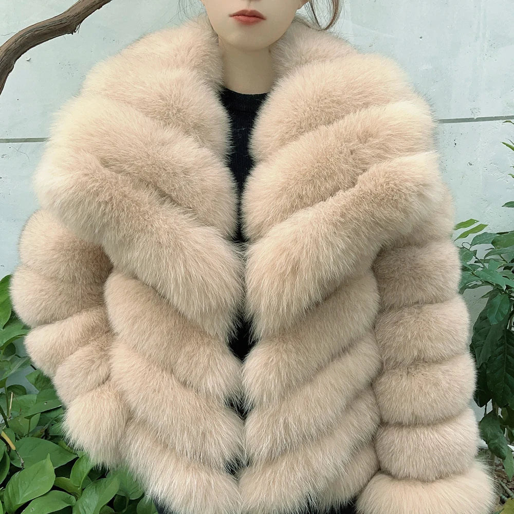 QUEENTINA Real Fox Fur Coat With Collar Overcoat