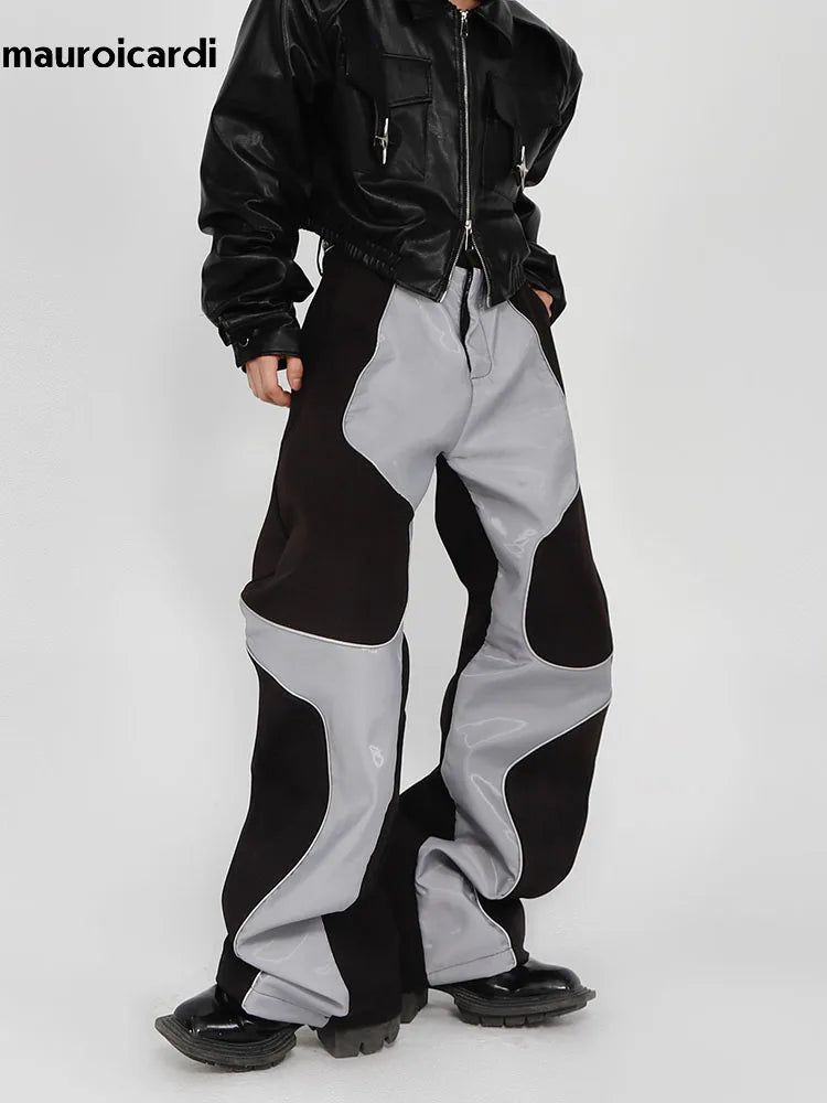 Mauroicardi Long Loose Casual Patchwork Pu Leather Pants