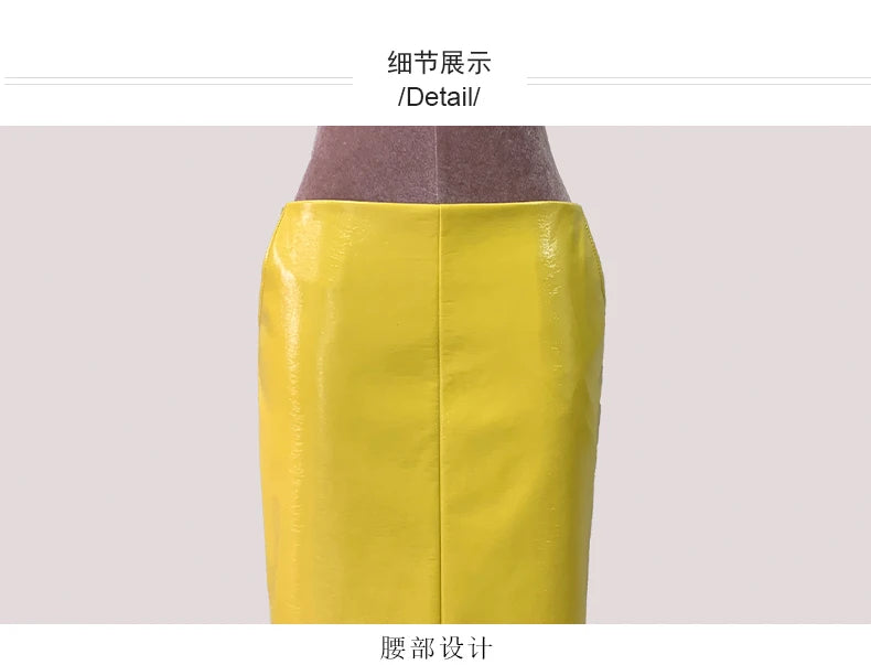 Mauroic  Shiny Reflective Bright Yellow Faux Leather Pencil Skirt