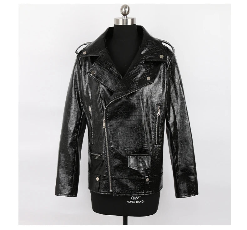 Mauroicardi Spring Red Crocodile Faux Leather Biker Jacket