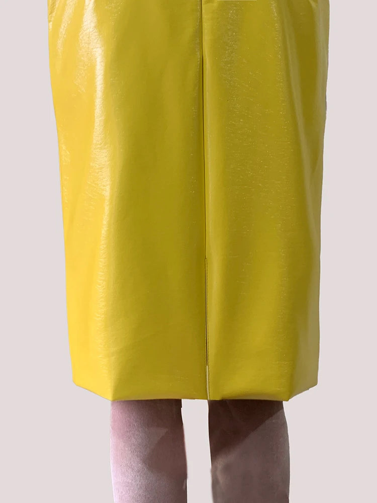 Mauroic  Shiny Reflective Bright Yellow Faux Leather Pencil Skirt