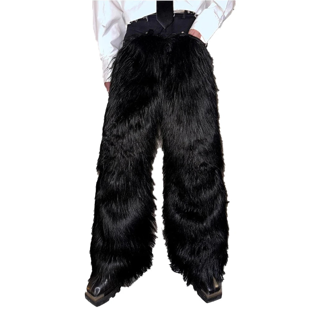 Mauroicardi Long Black  Shaggy Faux Fur Wide Leg Pants