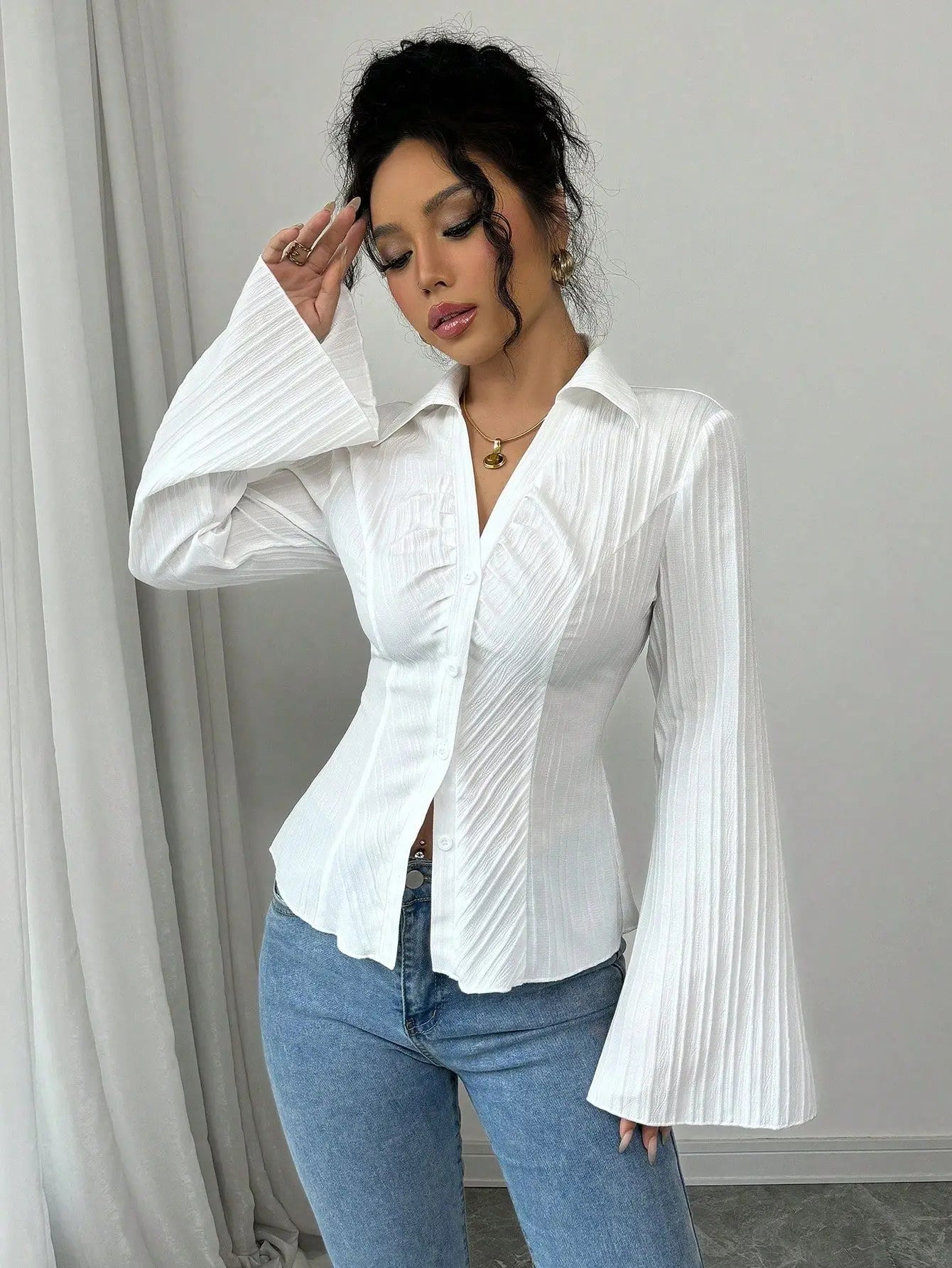 Slim-Fit V-Neck Bell-Sleeve Shirt