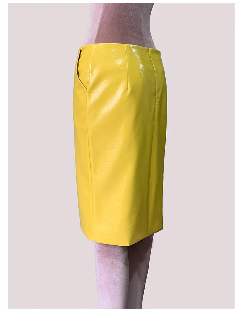 Mauroic  Shiny Reflective Bright Yellow Faux Leather Pencil Skirt
