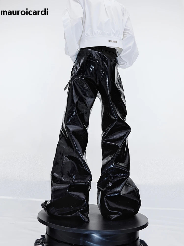 Mauroicardi Black Shiny Reflective Pu Leather Flare Pants