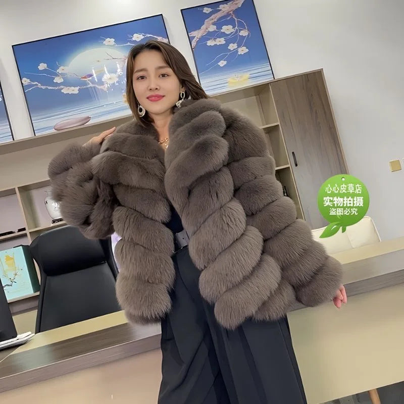 QUEENTINA Real Fox Fur Coat With Collar Overcoat