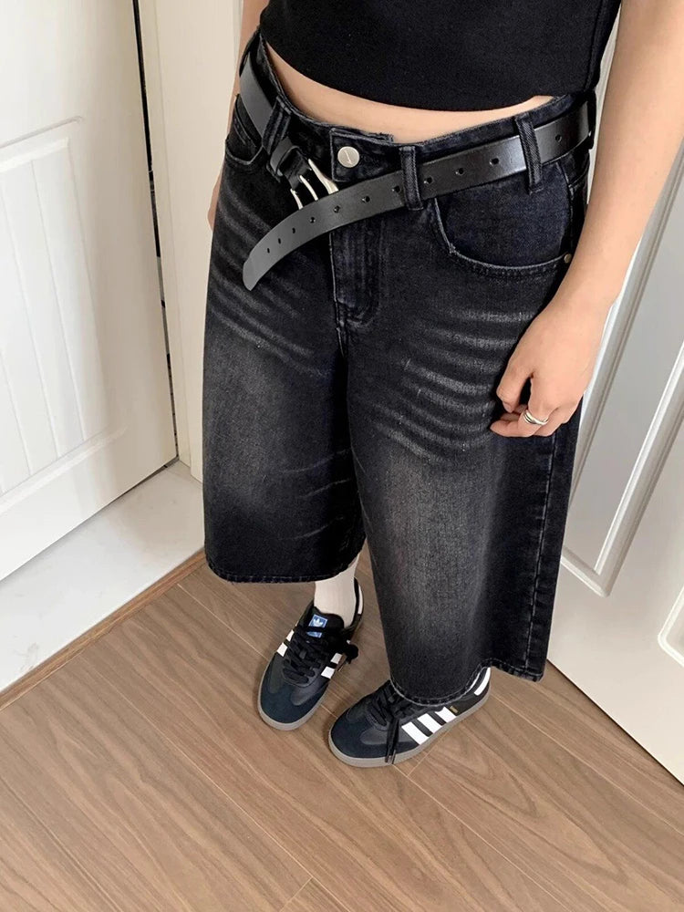 High Waist Black Retro Washed Denim Jorts