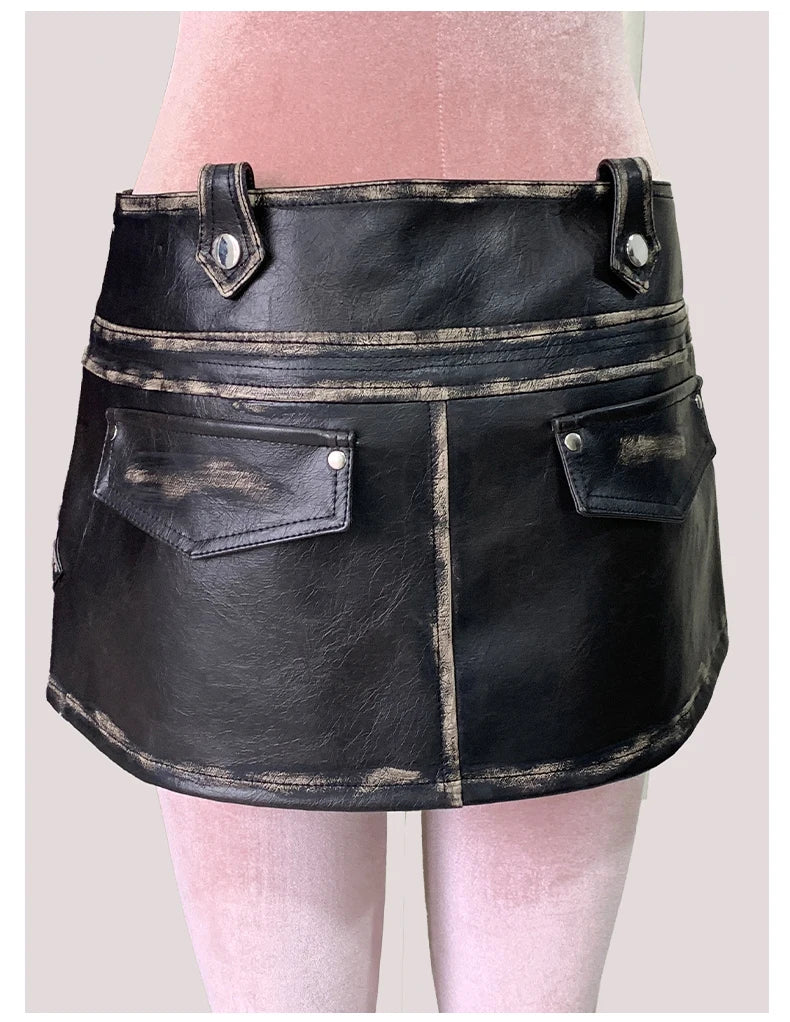 Mauroicardi Distressed Black Pu Leather Mini Asymmetrical Skirt