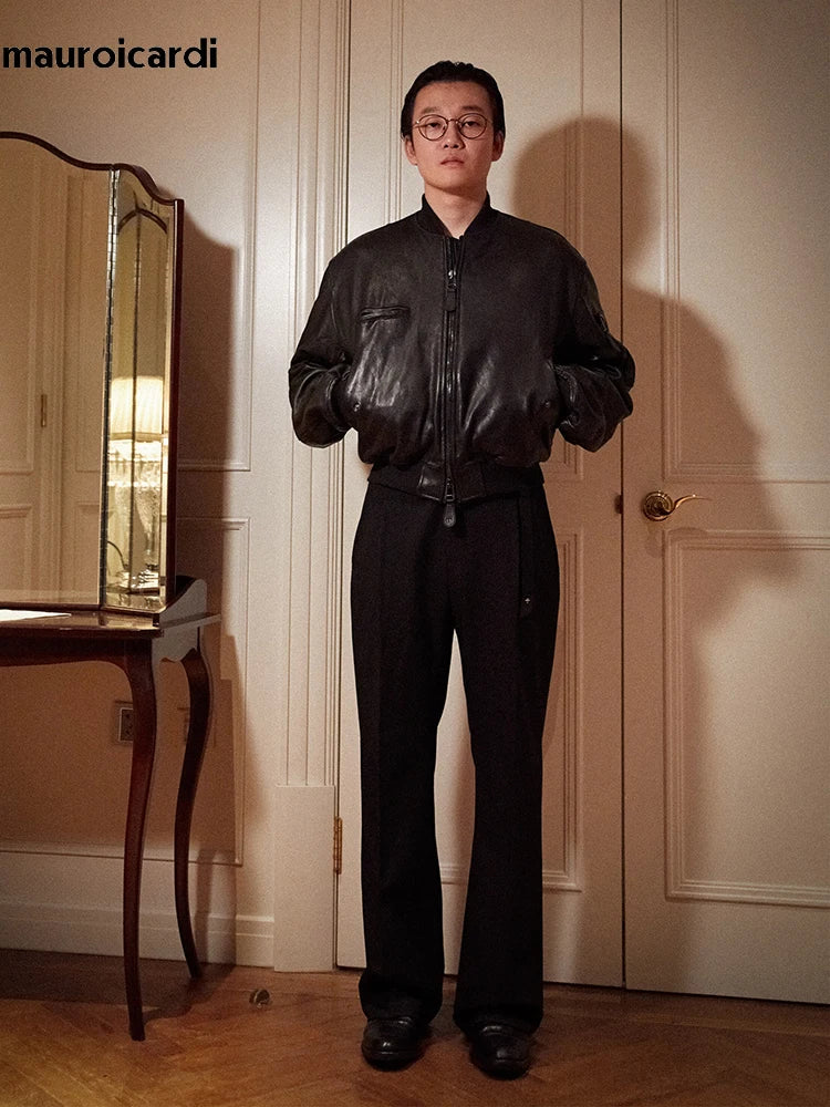 Mauroicardi Short Vintage Pu Leather Bomber Jacket