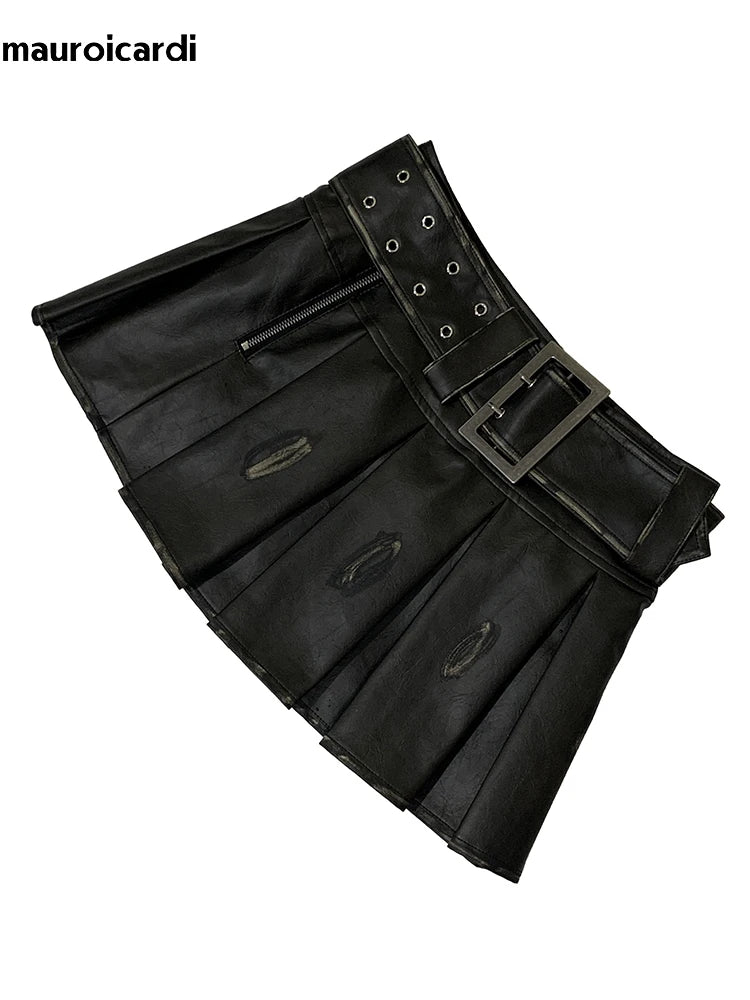 Lautaro  Distressed Brown Pu Leather Mini Pleated Skirt