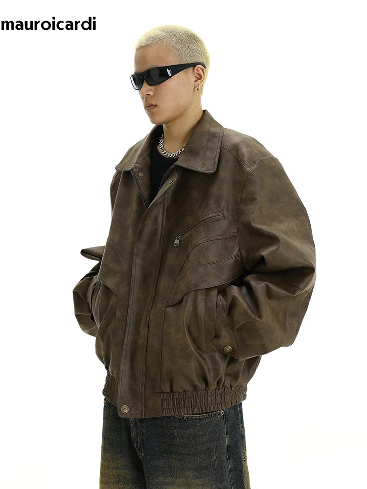 Mauroicardi Spring Cool Distressed Brown Pu Leather jacket