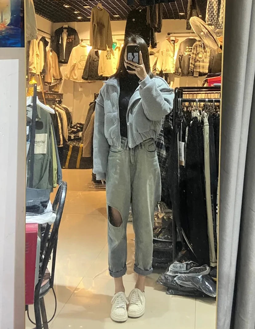 Korean Style Gray Cotton Puffer Coat