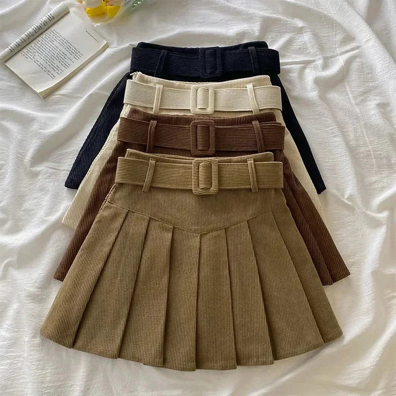 Cord Belted Pleated Skirt