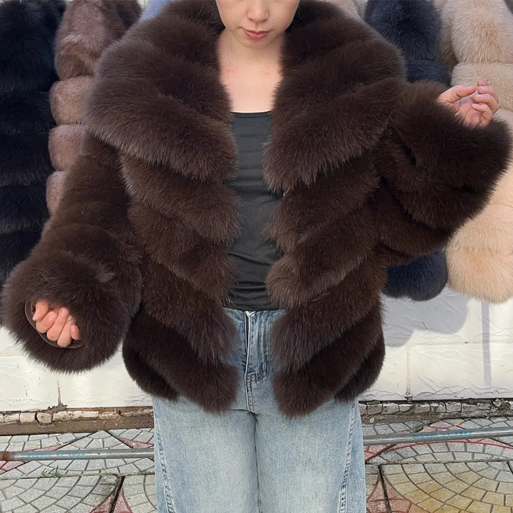 QUEENTINA Real Fox Fur Coat With Collar Overcoat