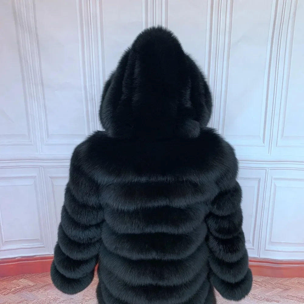 QUEENTINA Hood Fur Coat Thigh Length
