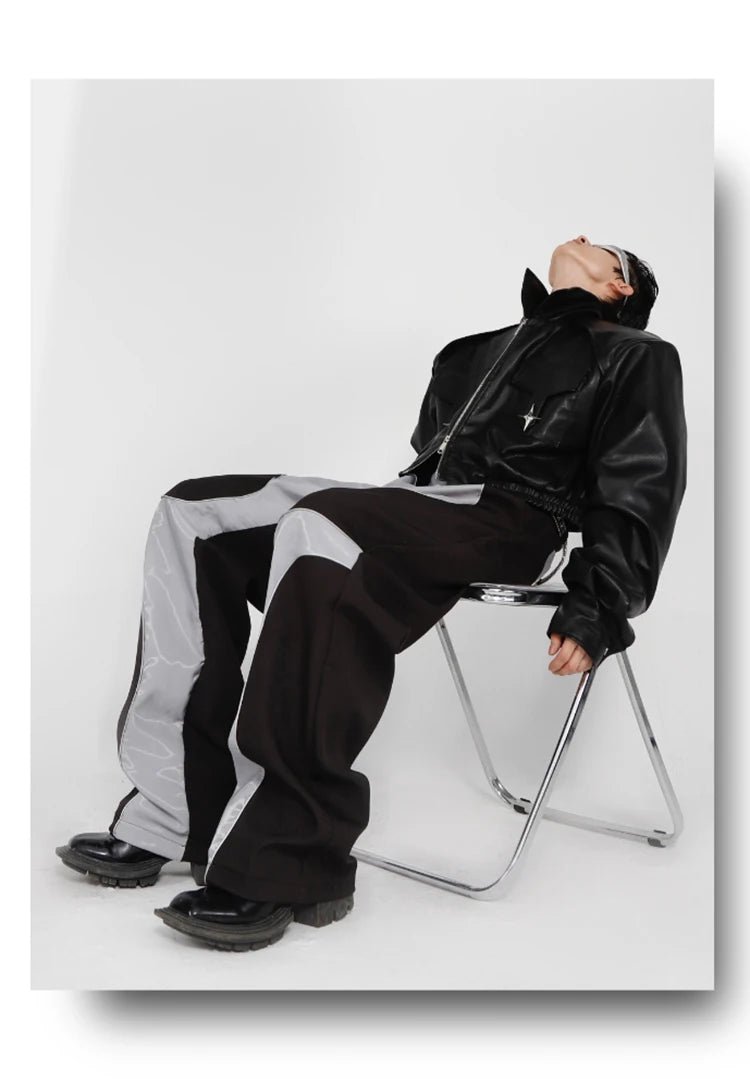 Mauroicardi Long Loose Casual Patchwork Pu Leather Pants