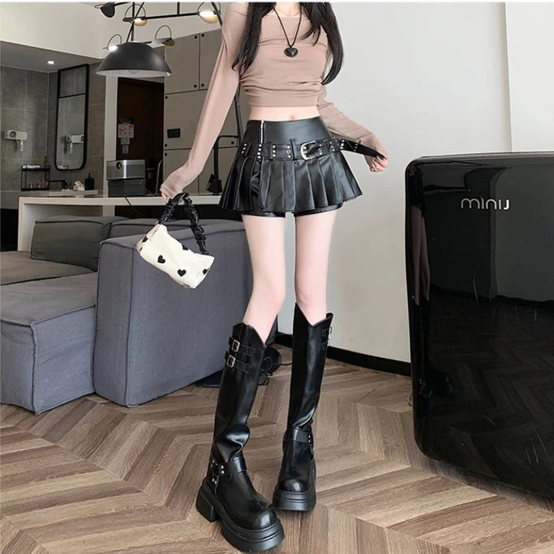 Black A-line Pleated Leather Skirt