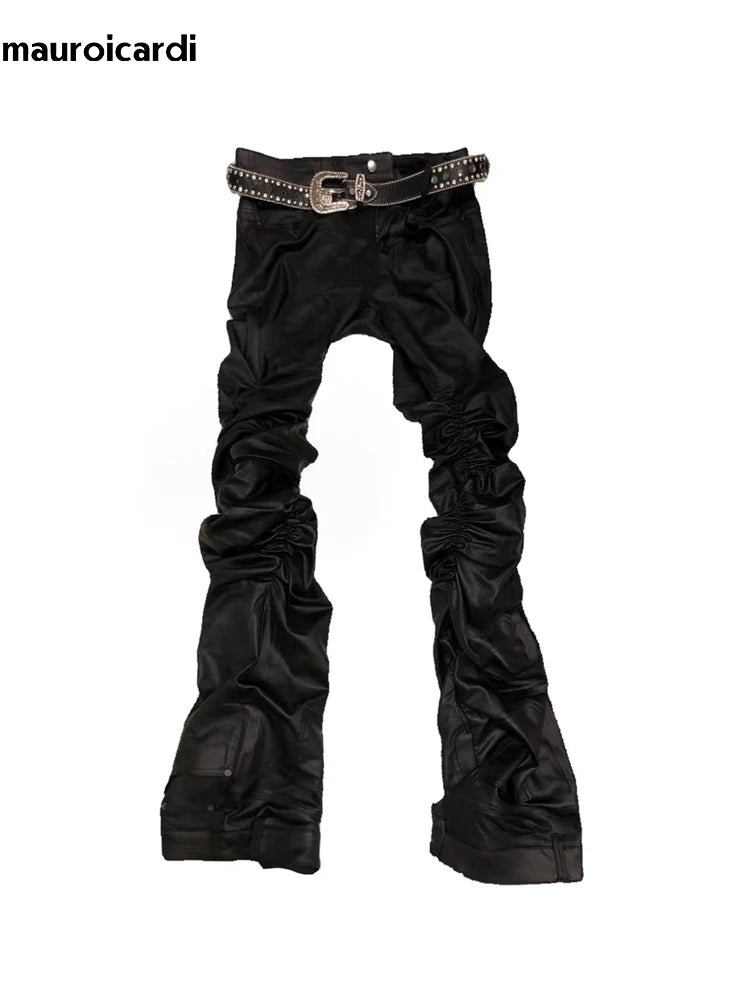 Mauroicardi Long Fitted Skinny Matte Black Pu Leather Ruched Stacked Pants